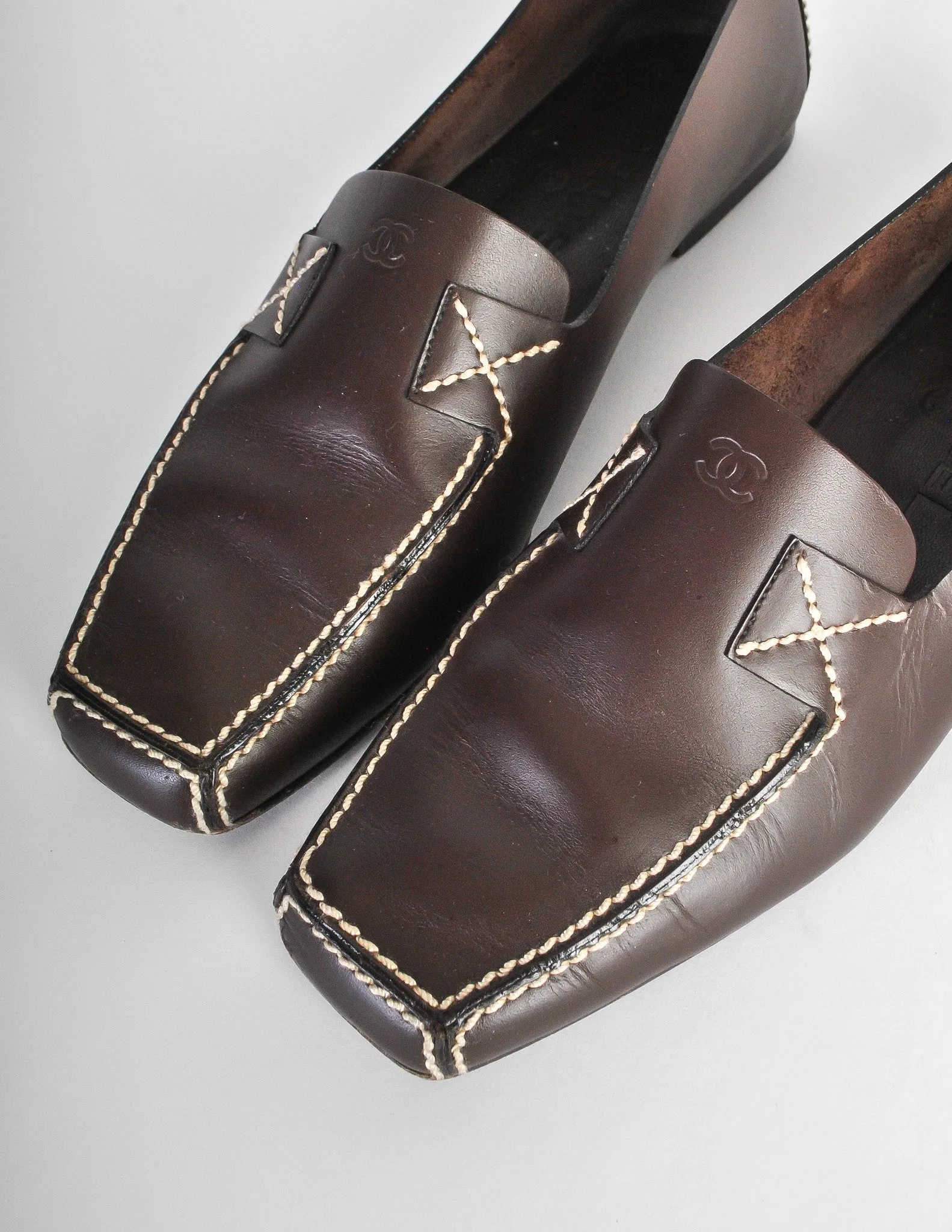 Chanel Vintage CC Logo Brown Leather Loafers