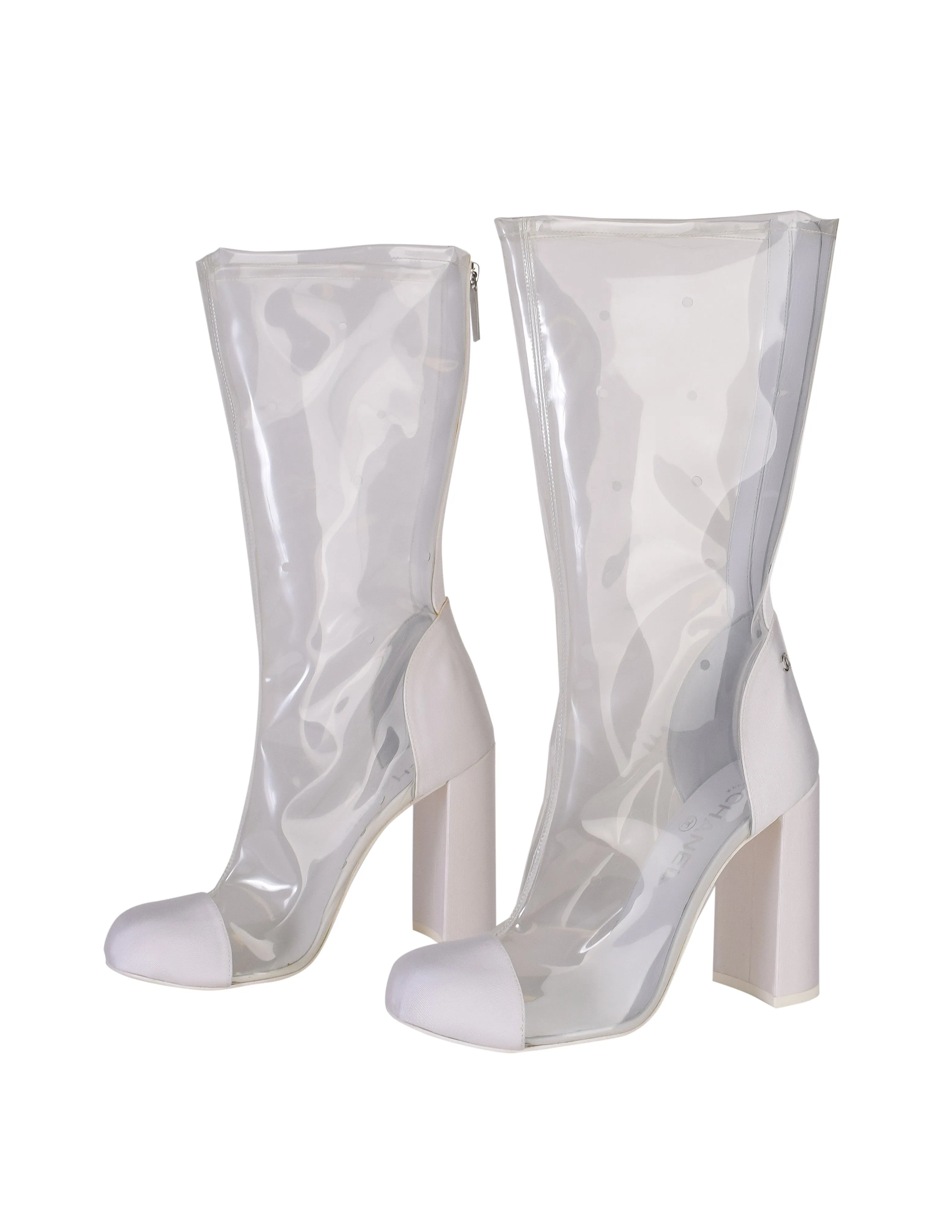 Chanel Vintage Spring Summer 2018 Transparent White Toe Cap High Heel Boots