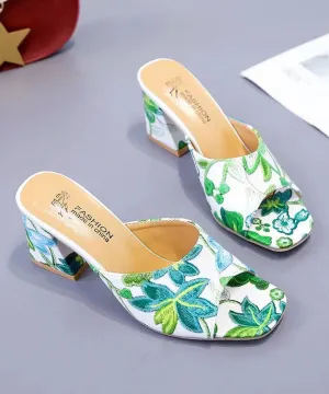 Classy Green Chunky Heel Embroidery Slide Sandals Peep Toe XC1029