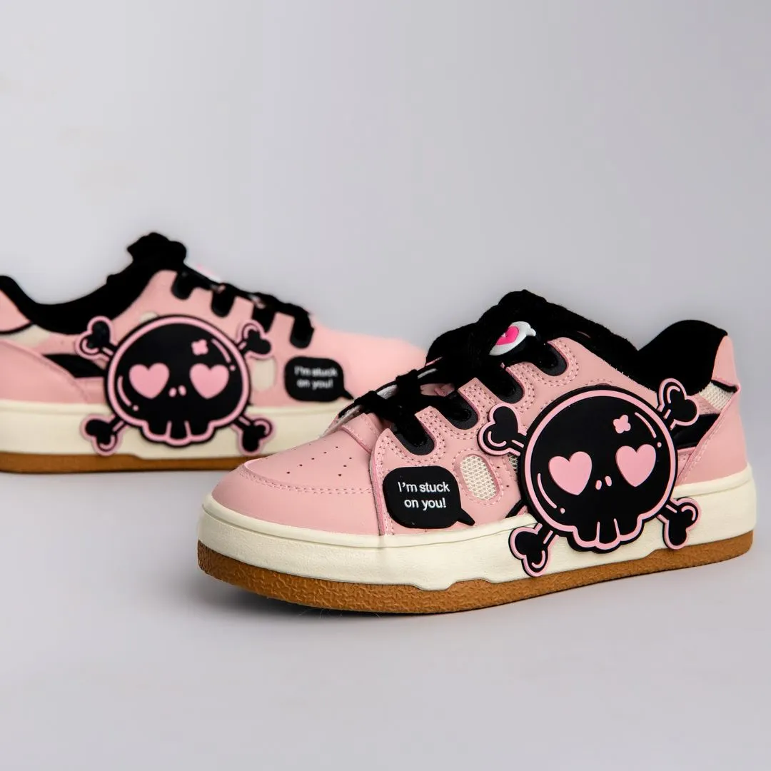 *CLEARANCE* Deadly Black Skull Pink Chunky Sneakers - Women's