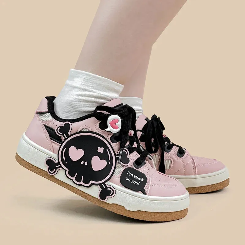 *CLEARANCE* Deadly Black Skull Pink Chunky Sneakers - Women's