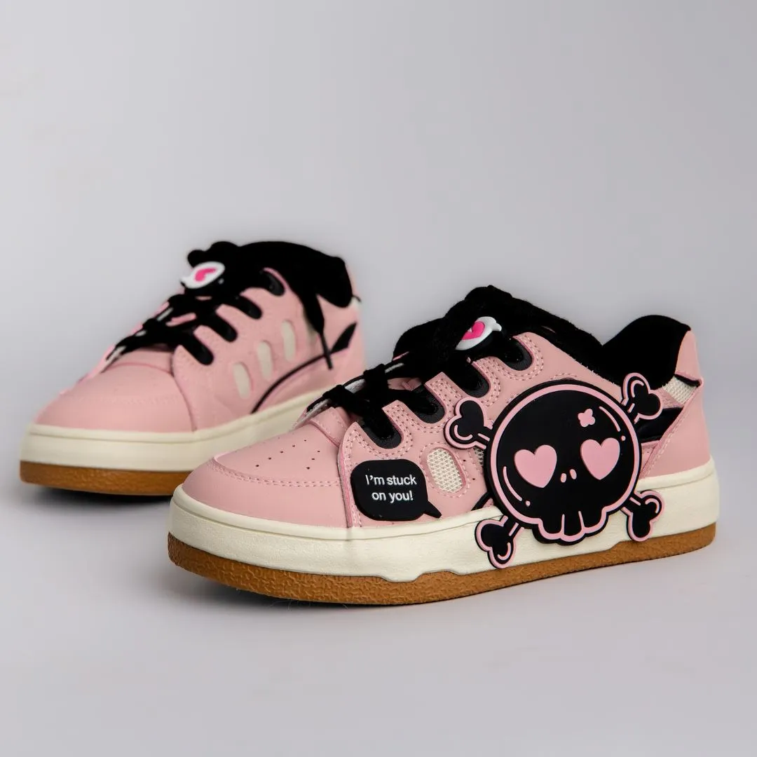 *CLEARANCE* Deadly Black Skull Pink Chunky Sneakers - Women's