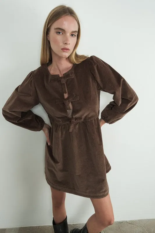 Corduroy Babydoll Ribbon Tie Dress - Brown