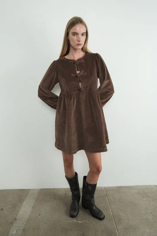 Corduroy Babydoll Ribbon Tie Dress - Brown