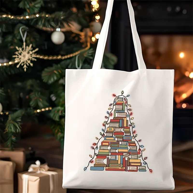 Cotton Christmas Tree Book Print Tote Bag, Casual Lightweight Shoulder Bag for Women, Reusable Shopping Bag with Fixed Strap for Daily Commute, Hand Washable Travel Canvas Bag with Open Top