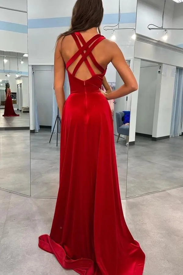 Dark Red Velvet Prom Gown V Neck Straps Prom Dress With Split PSK545