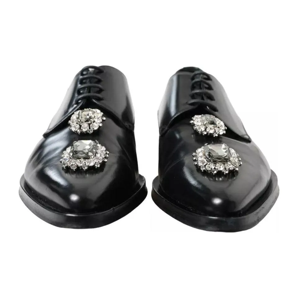 Dolce & Gabbana Black Leather Crystal Lace Up Formal Shoes