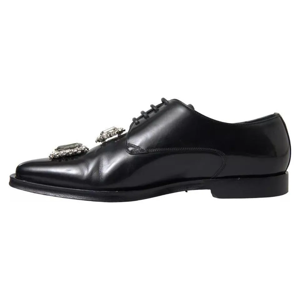 Dolce & Gabbana Black Leather Crystal Lace Up Formal Shoes