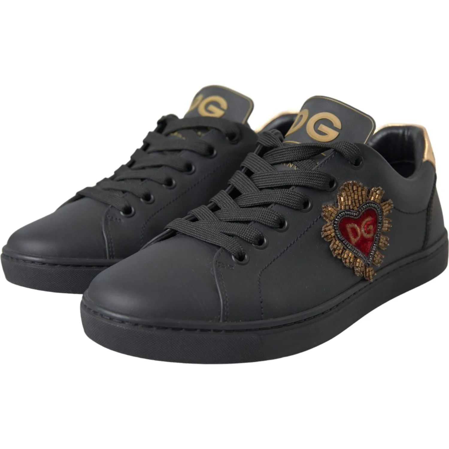 Dolce & Gabbana Black Leather Heart Embellished Sneakers Shoes