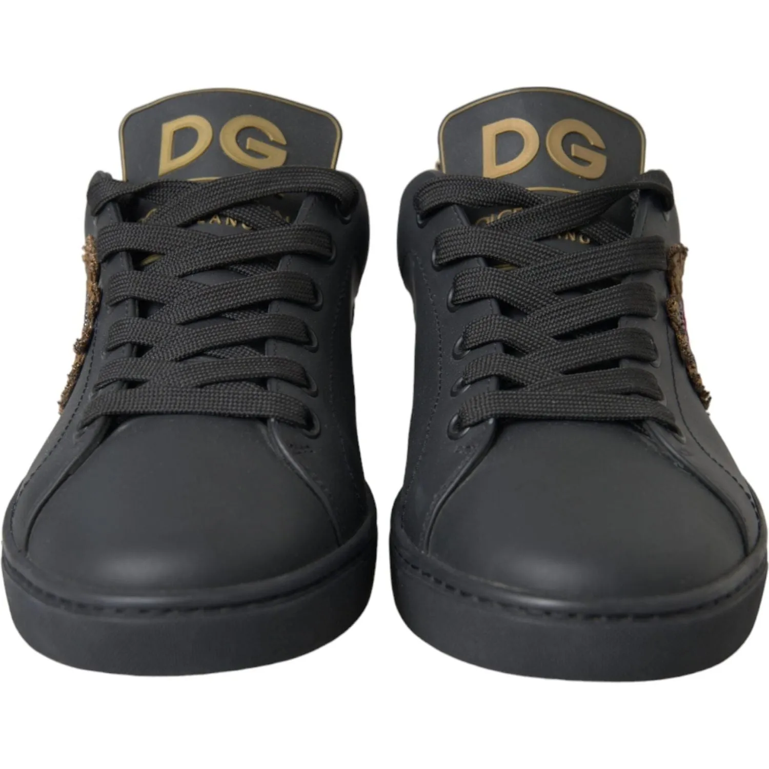 Dolce & Gabbana Black Leather Heart Embellished Sneakers Shoes