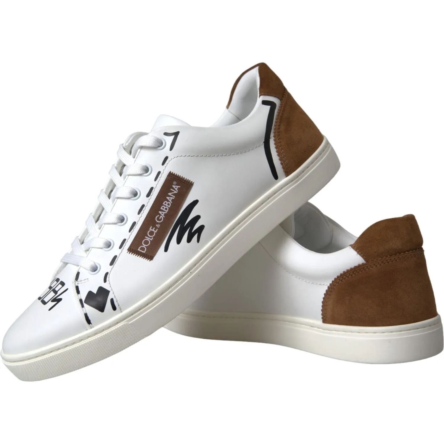 Dolce & Gabbana White Brown Leather Logo Low Top Sneakers Shoes