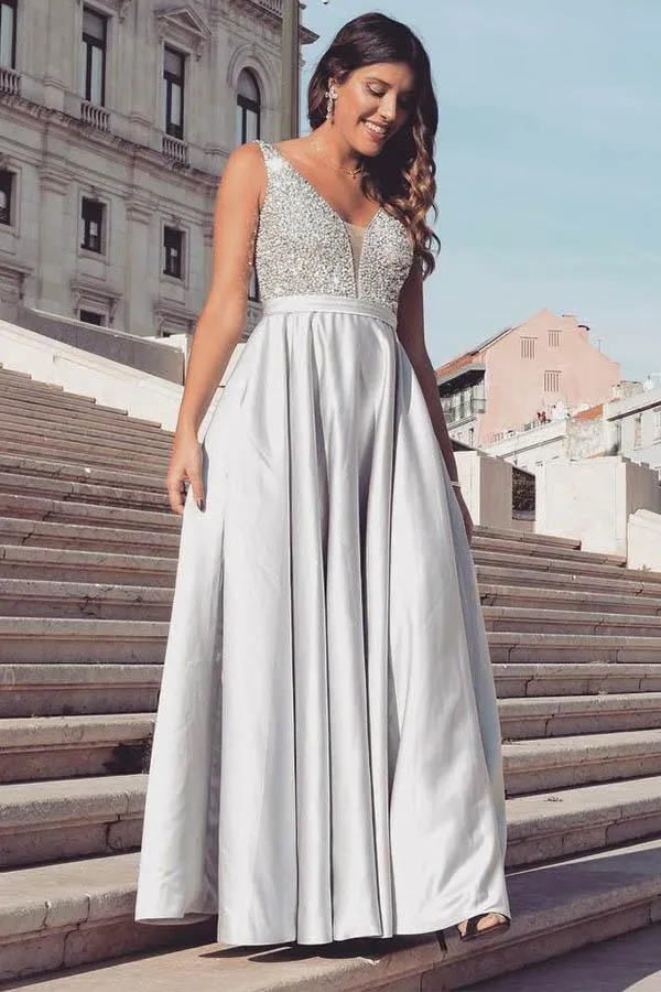 Elegant V Neck Beading Prom Dress Grey Satin Sleeveless Evening Dress PSK150