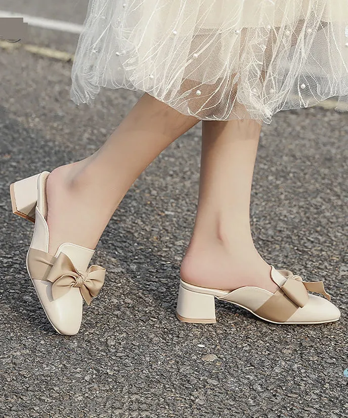 Fashion Bow Splicing Chunky Heel Beige Faux Leather XC1008