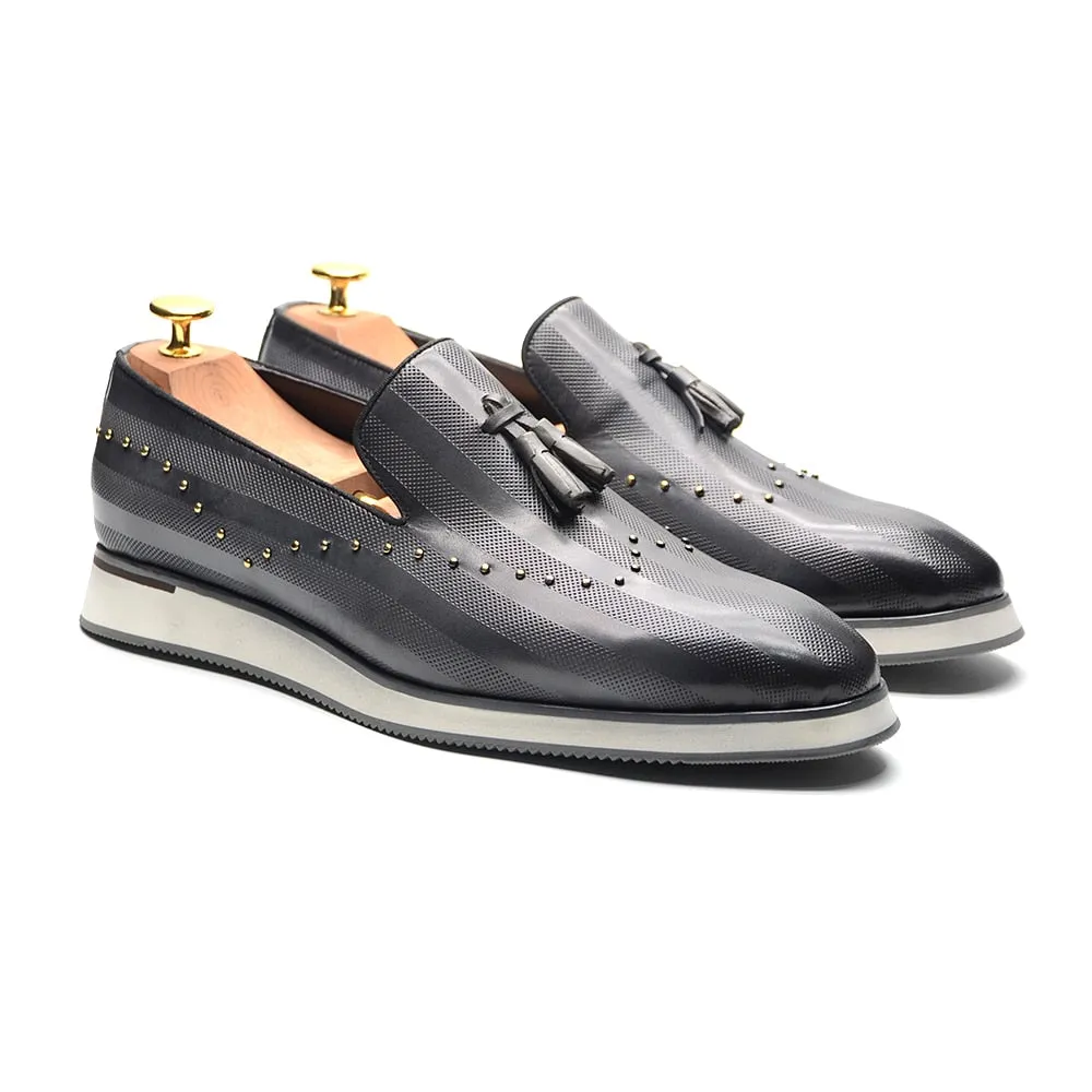 Genuine Leather Rivet Tassel Loafers