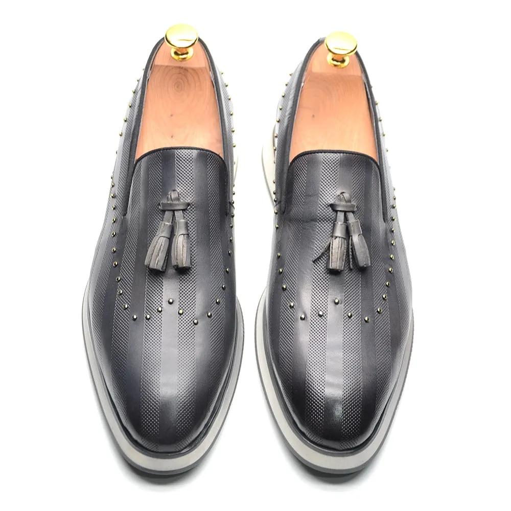 Genuine Leather Rivet Tassel Loafers