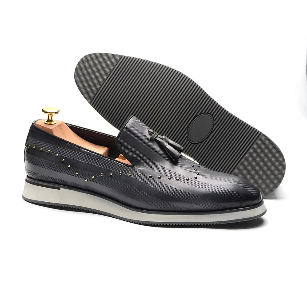 Genuine Leather Rivet Tassel Loafers