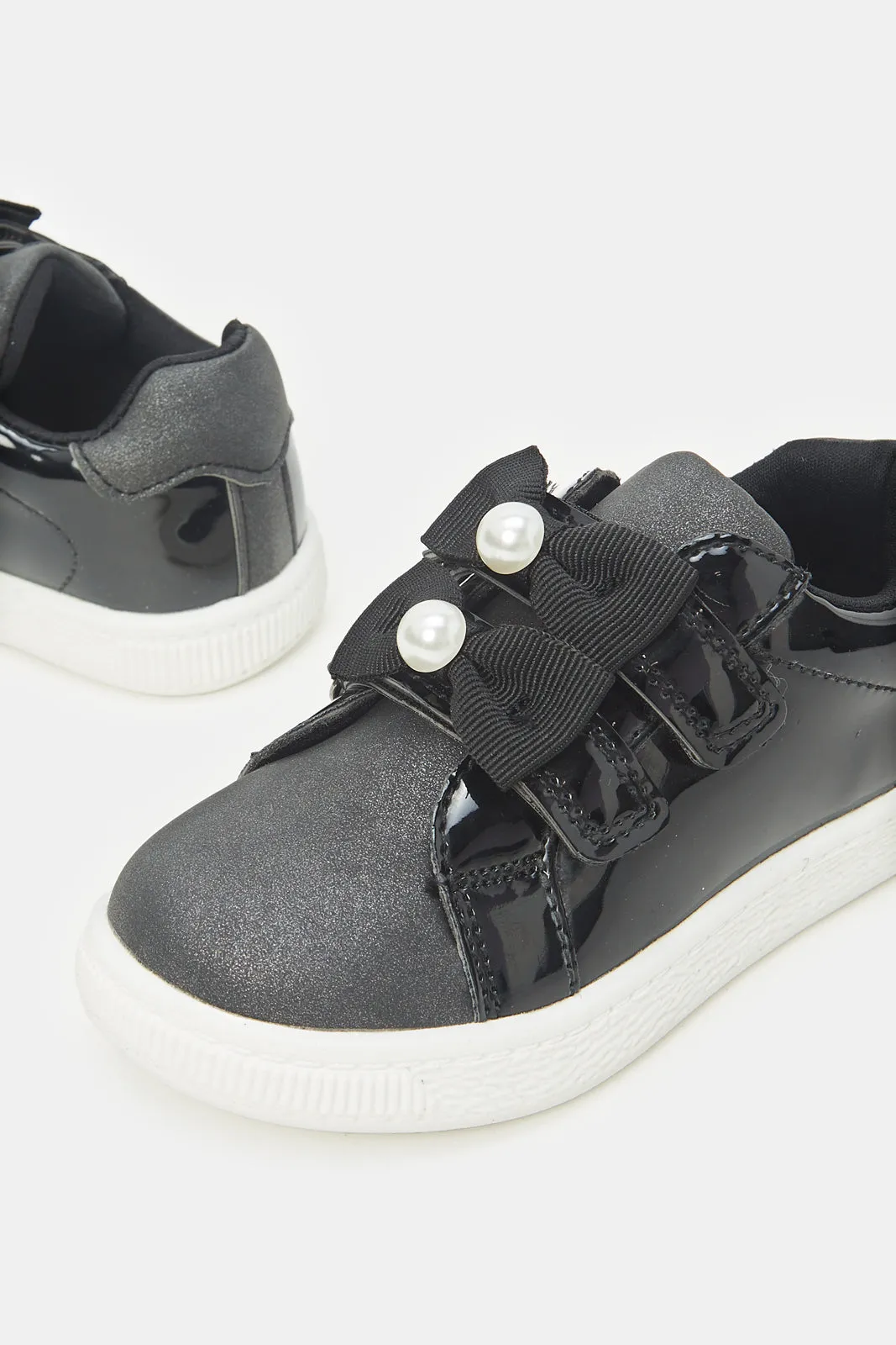 Girls Black Glossy Bow Sneakers