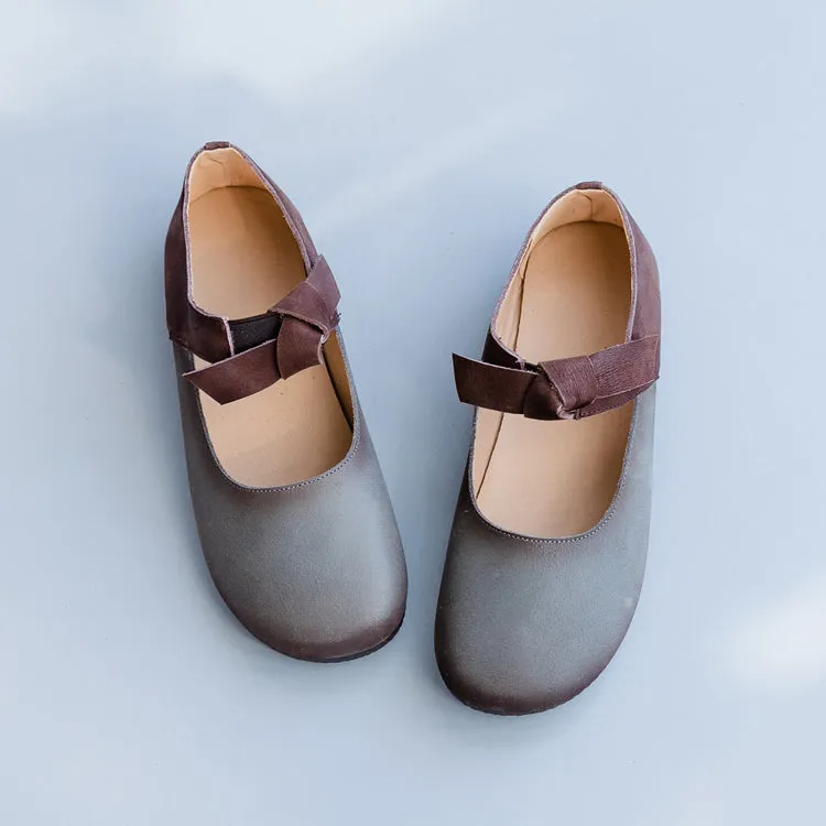 Gray Bow knot Leather Flat Shoes For Women X25031