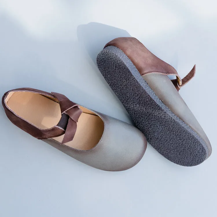 Gray Bow knot Leather Flat Shoes For Women X25031