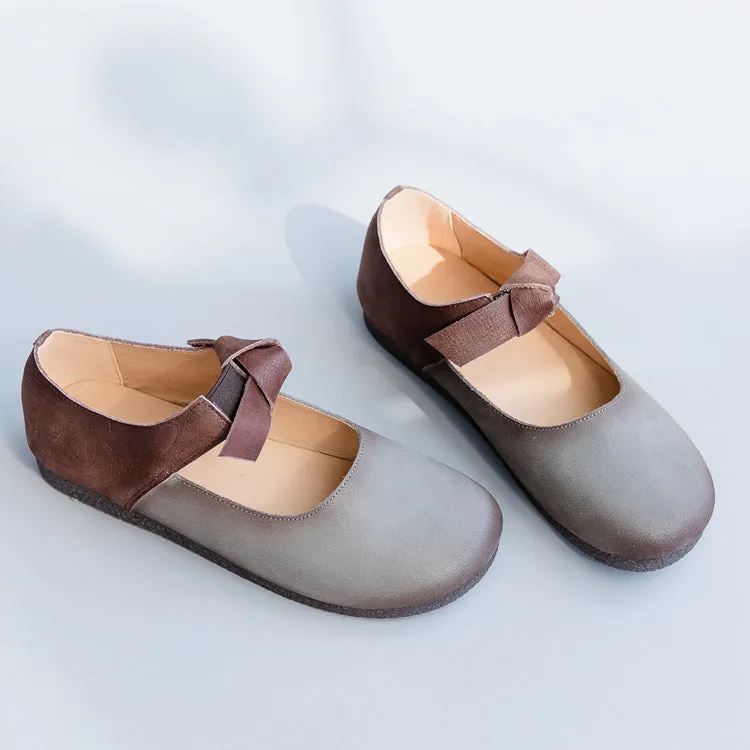 Gray Bow knot Leather Flat Shoes For Women X25031