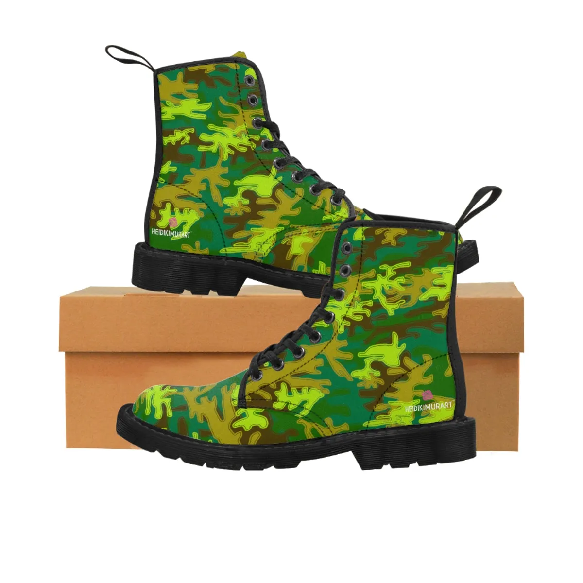 Green Camo Women's Boots, Army Military Print Best Winter Laced Up Canvas Boots For Women (US Size 6.5-11)