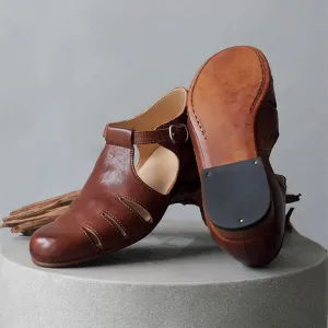 Hand Stitching Horse Leather Mary Jane Shoes For Women Leather Sole in Coffee