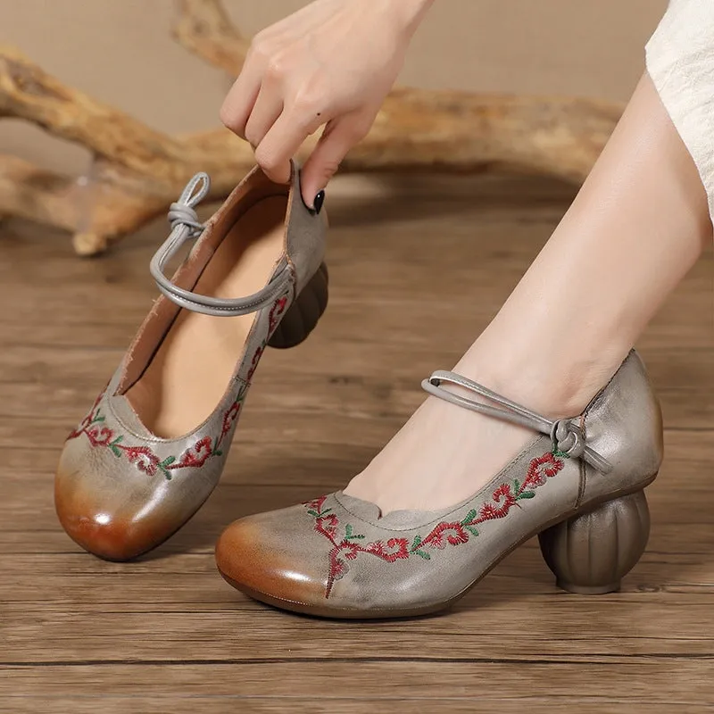 Handmade Leather Pumps Embroidery Flower Sandals With Retro Block Heel in Gray