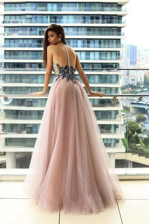 Illusion Round Neck Blush Prom/Evening Dress with Appliques Beading PG811