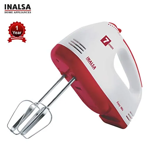 Inalsa Hand Mixer Easy Mix | Powerful 250 Watt Motor | Variable 7 Speed Control | 1 Year Warranty | (White/Red)