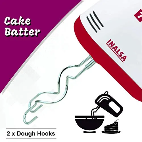 Inalsa Hand Mixer Easy Mix | Powerful 250 Watt Motor | Variable 7 Speed Control | 1 Year Warranty | (White/Red)