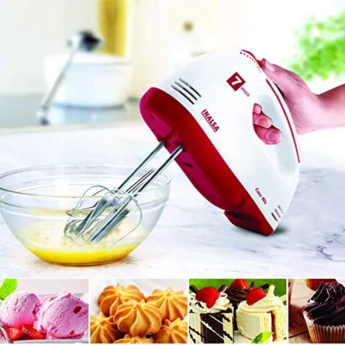 Inalsa Hand Mixer Easy Mix | Powerful 250 Watt Motor | Variable 7 Speed Control | 1 Year Warranty | (White/Red)