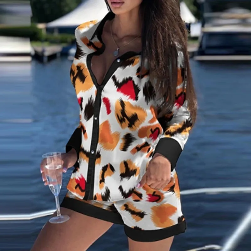 Joskaa Fashion Leopard Print Women Two Piece Sets 2024 Autumn Turn-Down Collar Tops   Summer Shorts Suit Casual Button Shirts Outfits