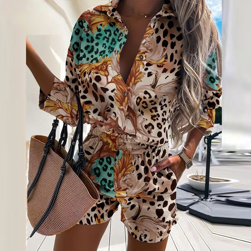 Joskaa Fashion Leopard Print Women Two Piece Sets 2024 Autumn Turn-Down Collar Tops   Summer Shorts Suit Casual Button Shirts Outfits