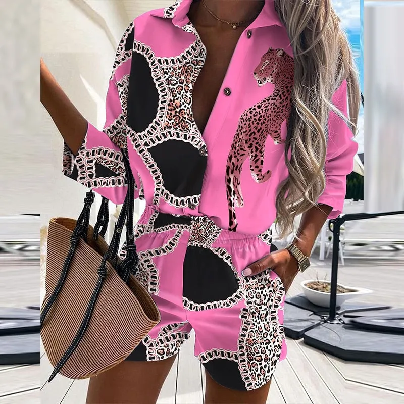 Joskaa Fashion Leopard Print Women Two Piece Sets 2024 Autumn Turn-Down Collar Tops   Summer Shorts Suit Casual Button Shirts Outfits