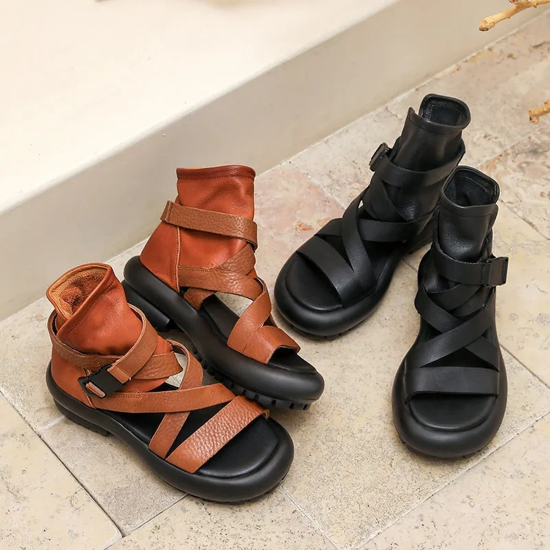 Leather Chunky Gladiator Sandals Boots Peep Toe in Black/Brown