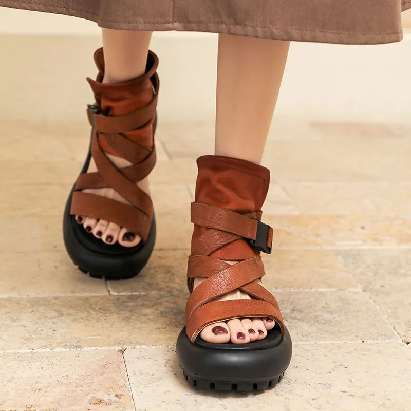 Leather Chunky Gladiator Sandals Boots Peep Toe in Black/Brown