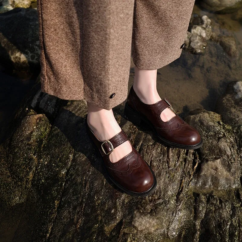 Leather Mary Jane Shoes For Womens Brogue Style Round Toe Buckles in Black/Brown