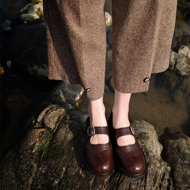 Leather Mary Jane Shoes For Womens Brogue Style Round Toe Buckles in Black/Brown