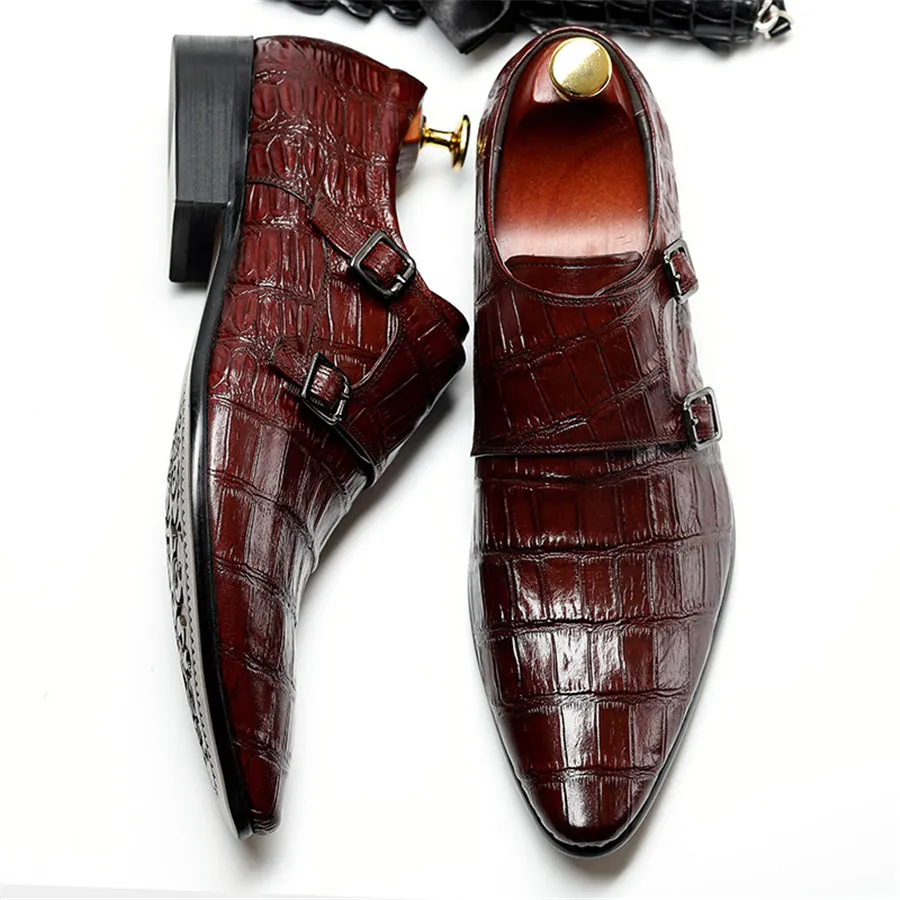 Luxury Alligator Pattern Pointed Toe Brogue Dress Shoes