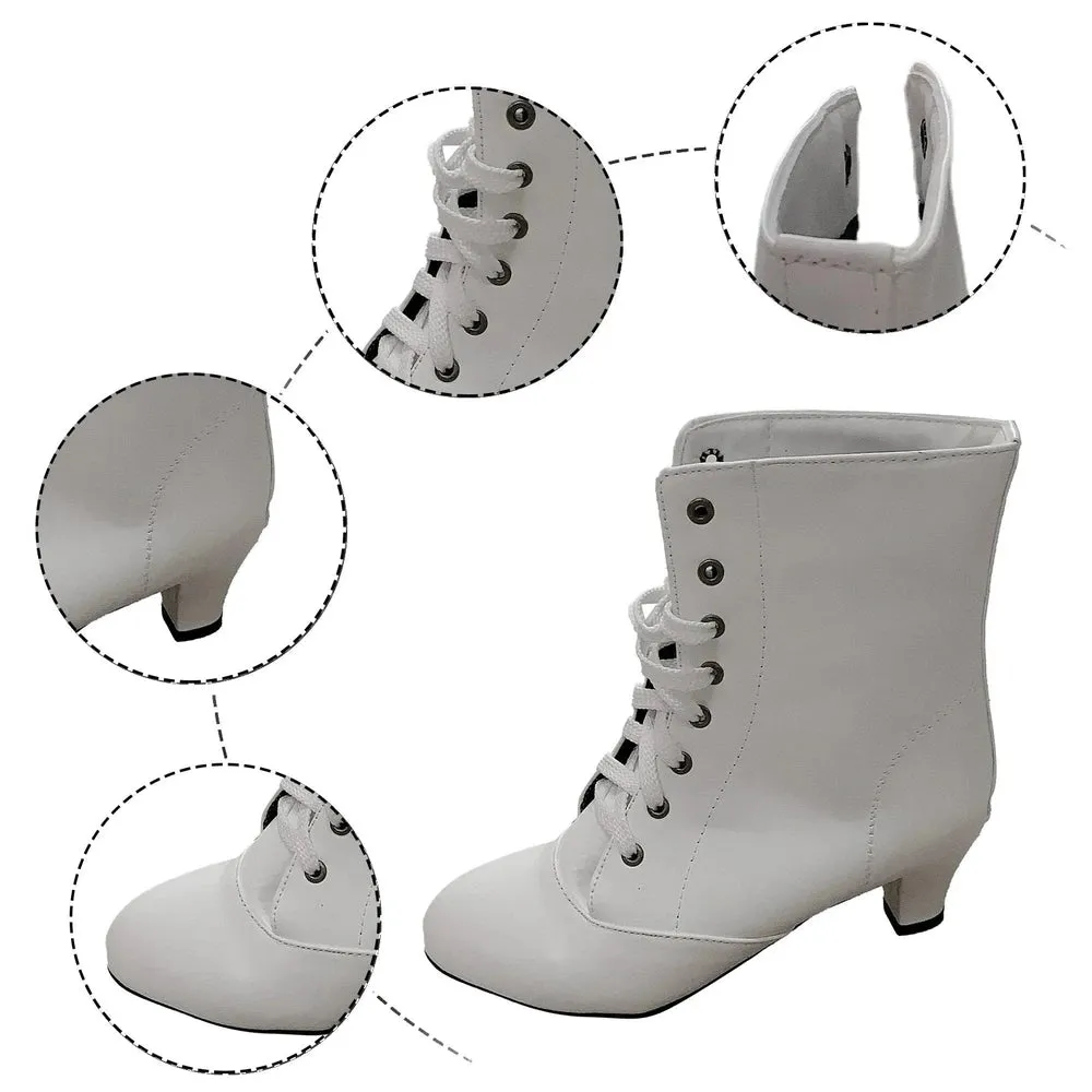 Merendy Zeffaf Round Toe Lace-Up Block Heel Retro White Victorian Boots