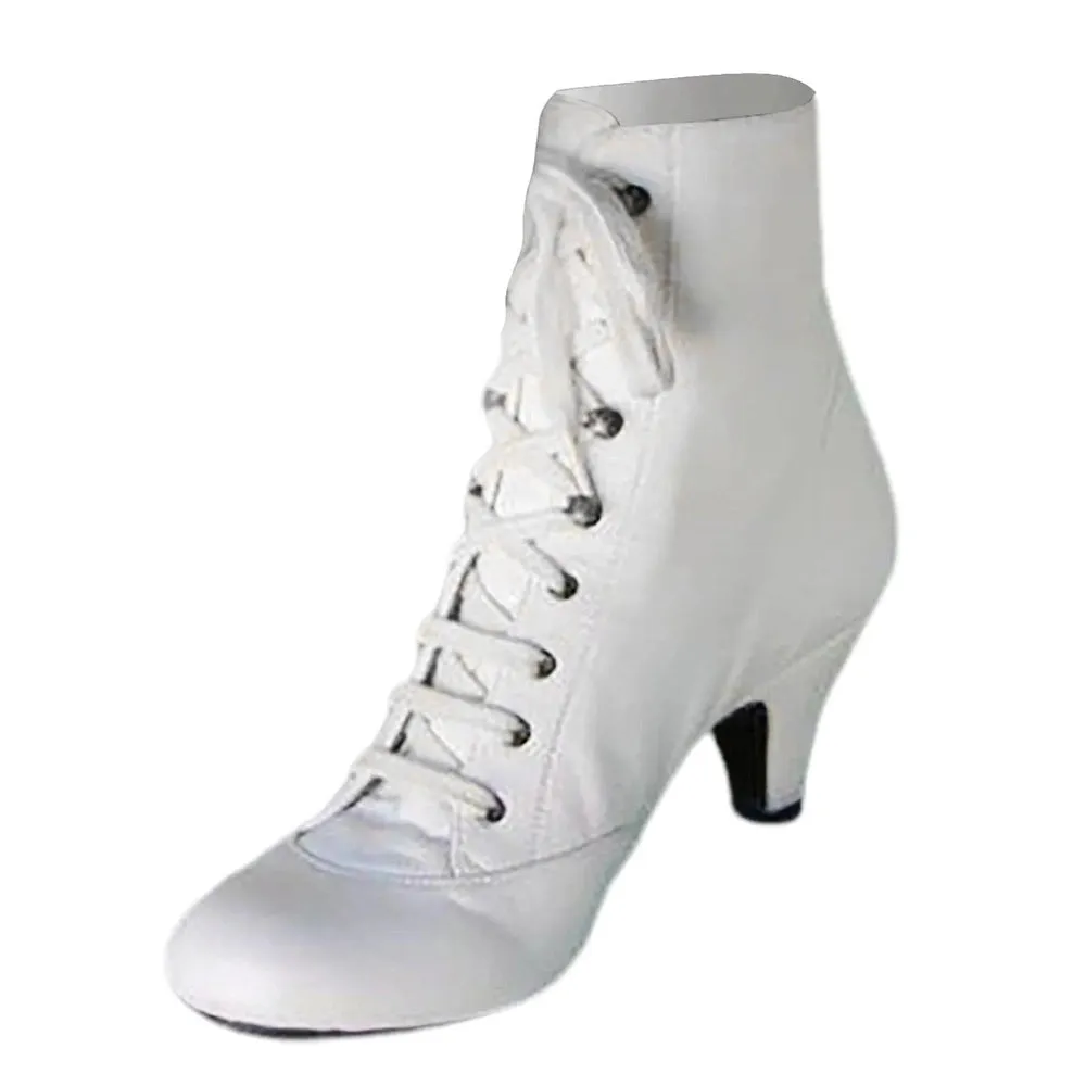 Merendy Zeffaf Round Toe Lace-Up Block Heel Retro White Victorian Boots