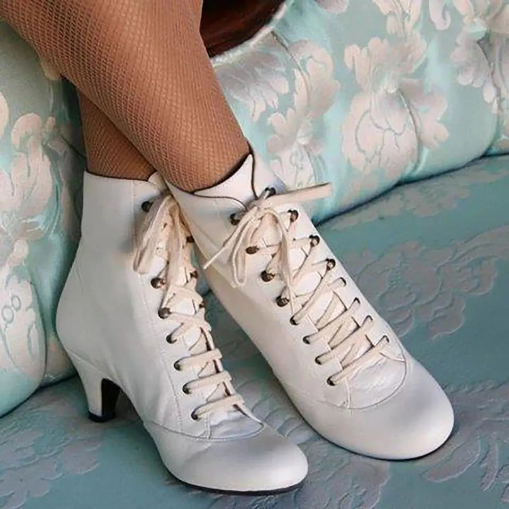 Merendy Zeffaf Round Toe Lace-Up Block Heel Retro White Victorian Boots