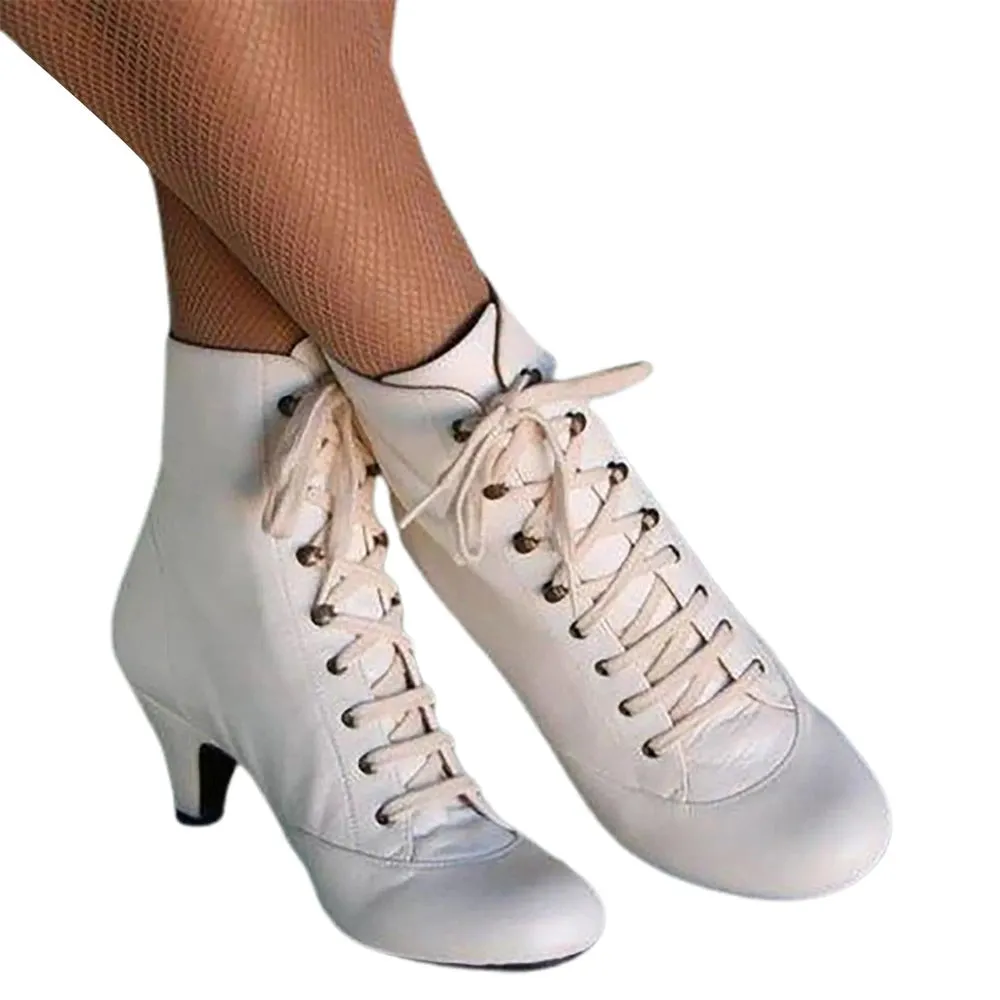 Merendy Zeffaf Round Toe Lace-Up Block Heel Retro White Victorian Boots