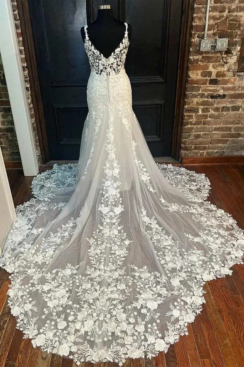 Mermaid Ivory Floral Lace V-Neck  Long Wedding Dress Bridal Gown WD626