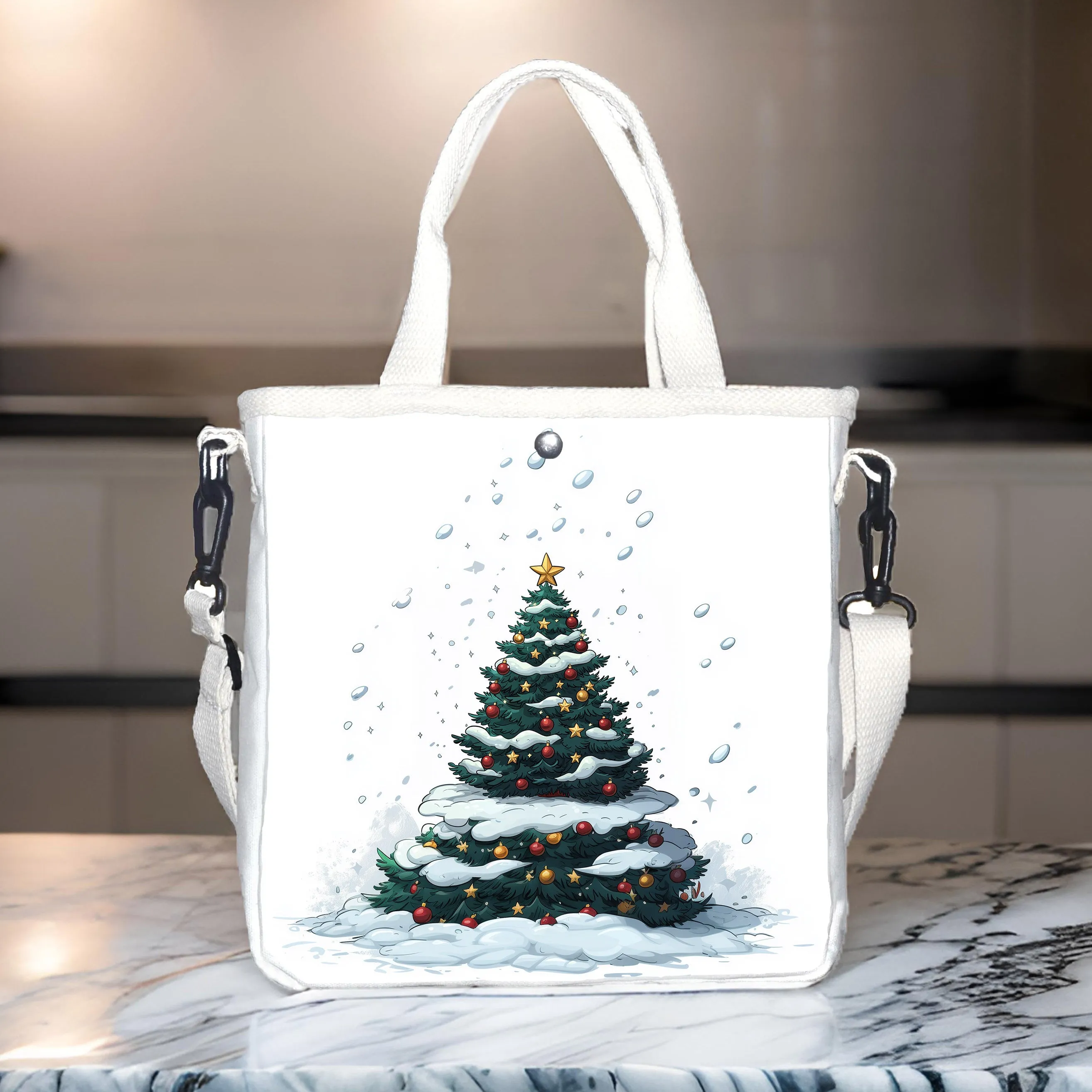 New Casual Christmas Tree With Colorful Lights Printed Canvas Shoulder Bag, Simple Class Commuter Office Crossbody Computer Bag