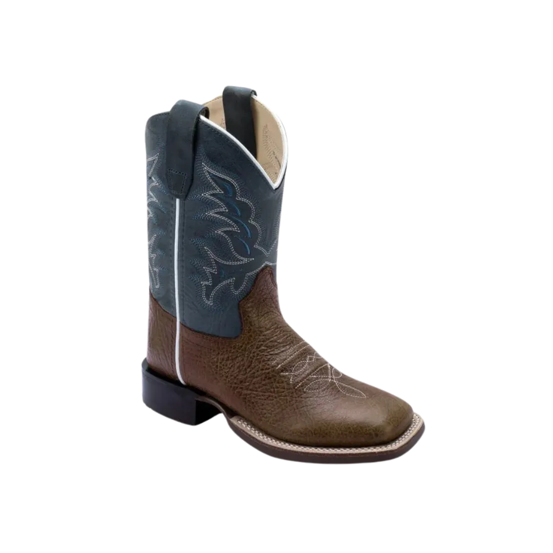 Old West Kids Unisex Broad Square Toe Brown Pillow Blue Leather Boots