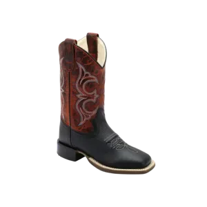 Old West Youth Unisex Broad Square Toe Black Burnt Red Leather  Boots