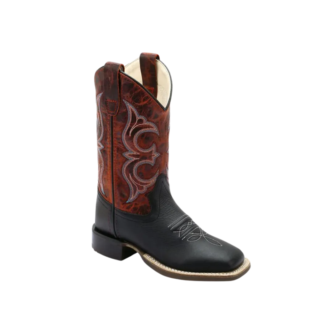 Old West Youth Unisex Broad Square Toe Black Burnt Red Leather  Boots