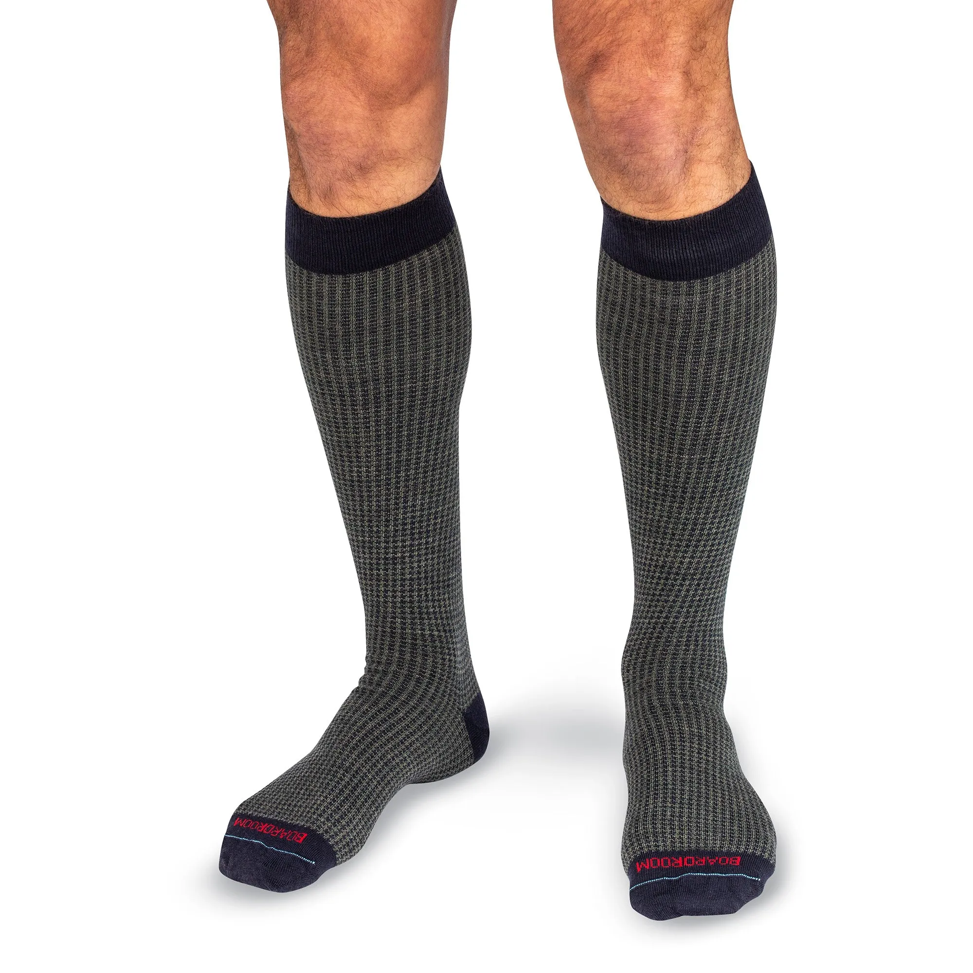 Olive and Navy Houndstooth Merino Wool Over the Calf Dress Socks