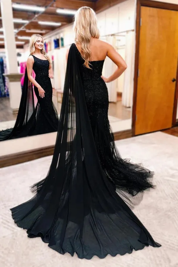 One Shoulder Mermaid Lace Black Prom Dress Formal Gown PSK567